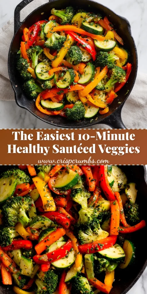 Healthy Sautéed Vegetables: Your Go-To Recipe for a Quick Side Dish 4 A colorful overhead shot of healthy sautéed vegetables in a white bowl, showcasing a vibrant mix of broccoli, carrots, and bell peppers. This image is for a pin about the best vegetable side dish recipe.