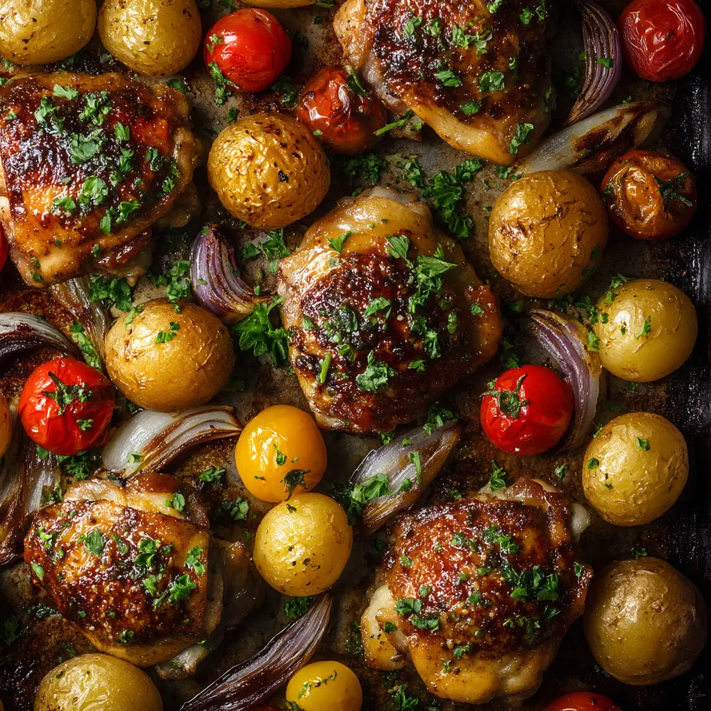 Sheet Pan Balsamic Chicken (The Ultimate Easy Recipe) 1 A serving of the finished sheet pan balsamic chicken and veggies on a white plate, ready to eat.
