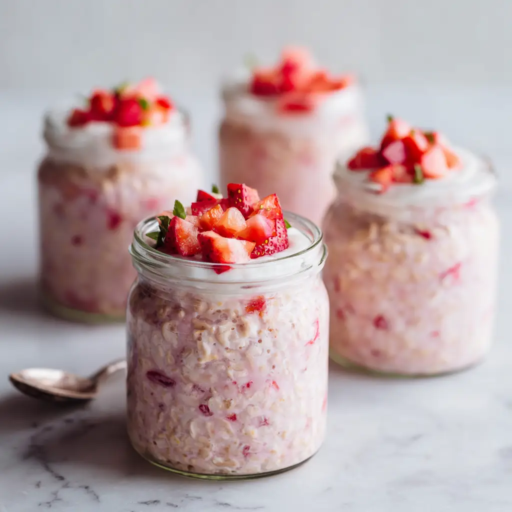 A close-up shot of the layered strawberry cheesecake overnight oats, showing the creamy texture and fresh strawberry topping in a glass jar.