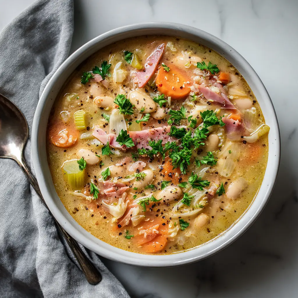 A beautiful serving of leftover ham bone soup in a rustic bowl, garnished with fresh herbs and ready to eat.