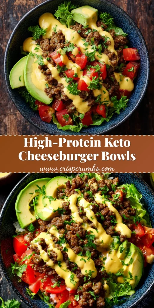 High-Protein Cheeseburger Bowls (Easy & Healthy Recipe) 4 A pin graphic for High-Protein Cheeseburger Bowls with an overhead shot of the finished dish and bold text overlay.