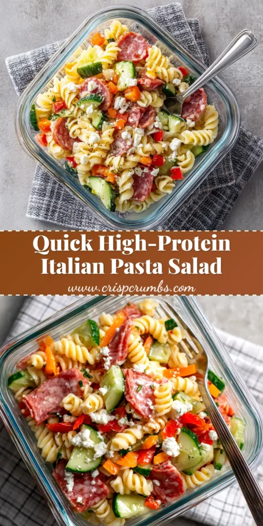 High-Protein Italian Pasta Salad (That Actually Tastes Amazing) 3 A large white bowl filled with High-Protein Italian Pasta Salad, showing rotini pasta, chicken, salami, tomatoes, and mozzarella pearls. Perfect for a healthy meal prep lunch.