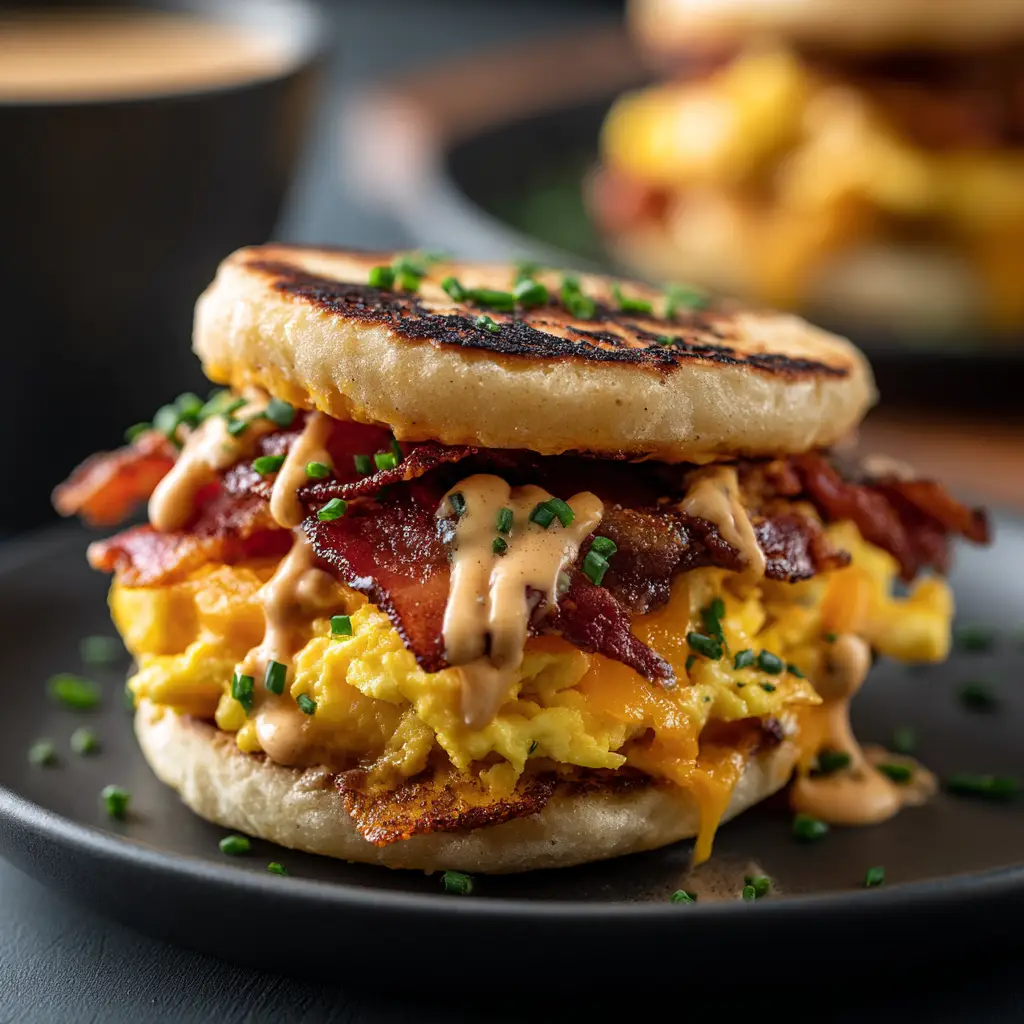 A close-up of the homemade chipotle aioli being spread on a toasted brioche bun for the breakfast sandwich.