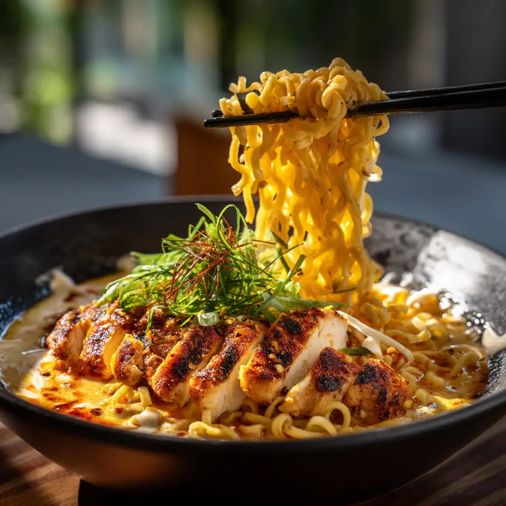 Creamy Chicken Ramen (The Ultimate 30-Minute Recipe) 1 A stunning bowl of homemade spicy chicken ramen, ready to be served. The image shows noodles, chicken, and broth in perfect harmony.