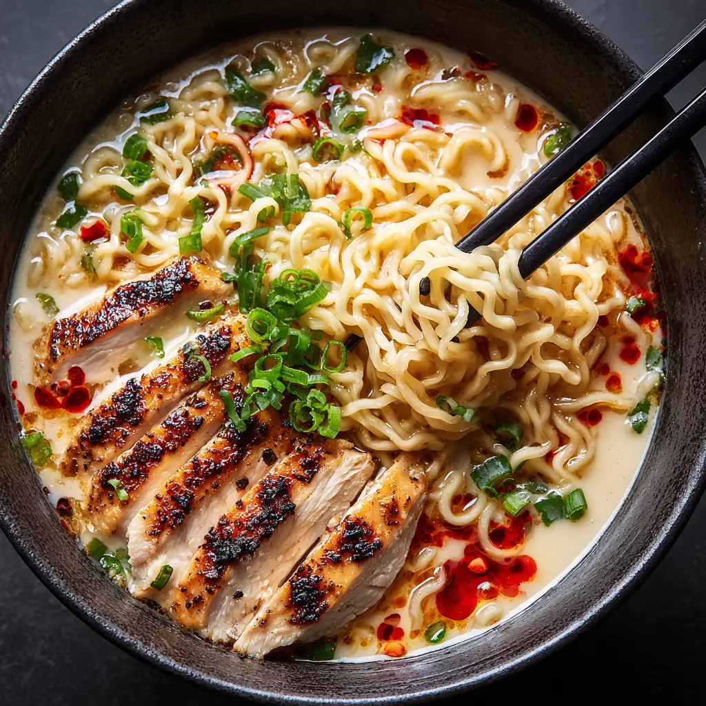 Creamy Chicken Ramen: The Ultimate 30-Minute Comfort Food 1 A full bowl of homemade chicken ramen with all the toppings, including a jammy egg, green onions, and sesame seeds.