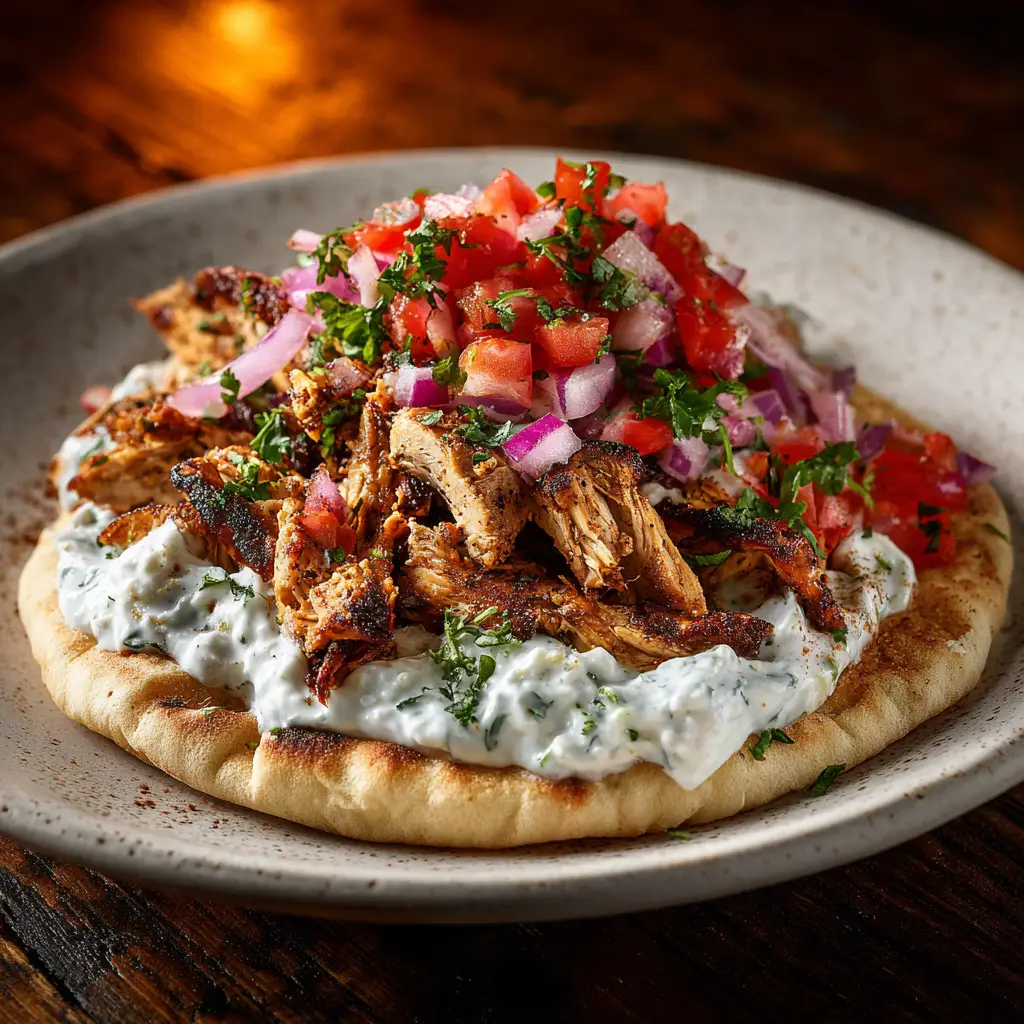 Authentic Greek Chicken Gyros Recipe 1 An assembled Greek chicken gyro on a warm pita bread, generously topped with fresh tomatoes, red onions, and creamy tzatziki sauce.