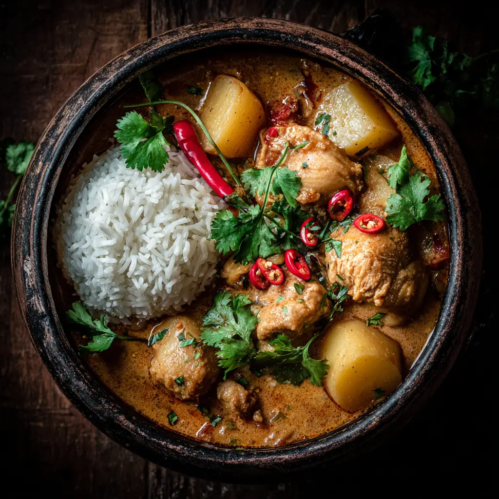 Massaman Curry Recipe (The Best & Easiest!) 1 A close-up view of a finished bowl of homemade Massaman Curry, emphasizing the rich sauce and tender chicken. This image showcases the final result of the recipe.