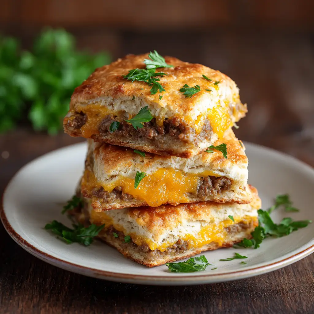 A lifestyle shot of three sausage and cheese biscuits ready to be served, emphasizing their homemade, rustic appeal.