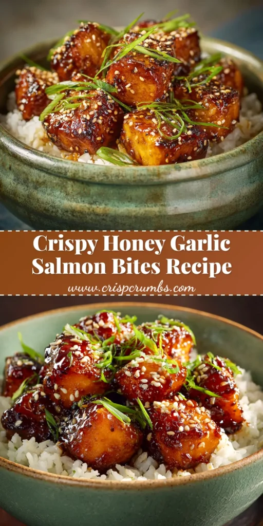 A close-up overhead shot of honey garlic salmon bites in a white bowl, garnished with sesame seeds and green onions. The perfect easy recipe for a weeknight dinner.