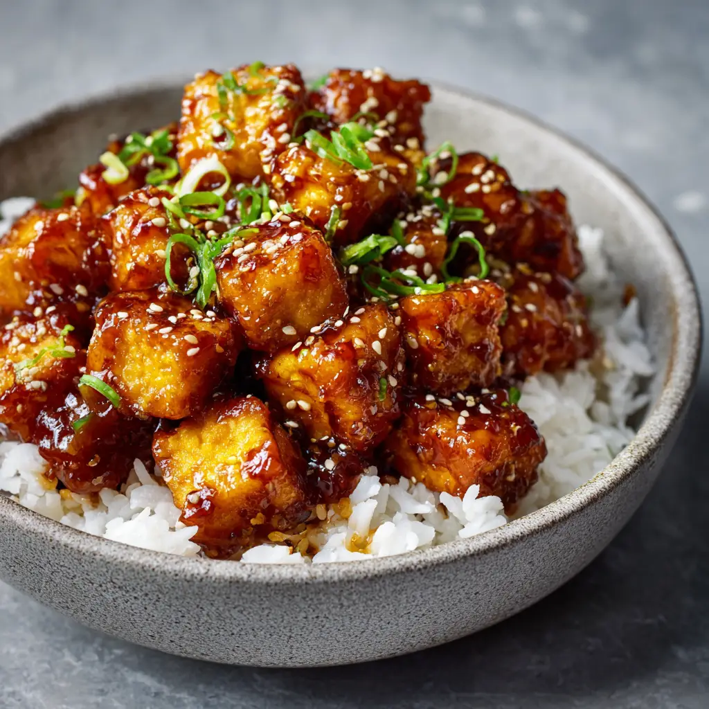 A beautiful serving of Crispy Honey Garlic Tofu in a bowl with rice, garnished with fresh green onions.