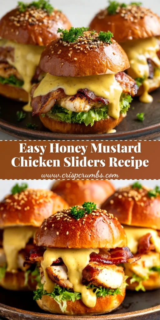 Honey Mustard Chicken Sliders: The Ultimate Party Food 4 A shareable pin image of Honey Mustard Chicken Sliders on a platter, showing the melted Swiss cheese and golden-brown Hawaiian roll tops.