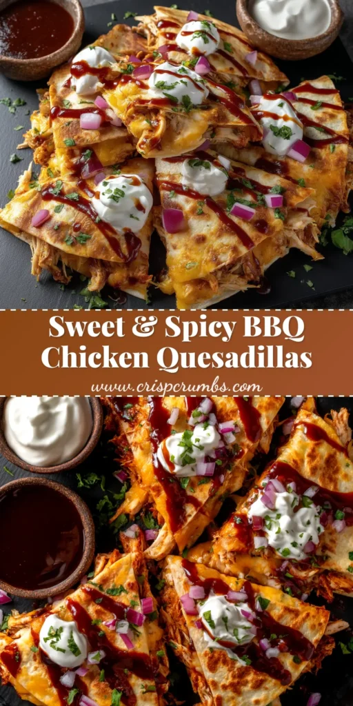 A delicious Hot Honey BBQ Chicken Quesadilla sliced into wedges on a wooden board, showing the cheesy, chicken-filled interior. A small bowl of sauce is nearby.