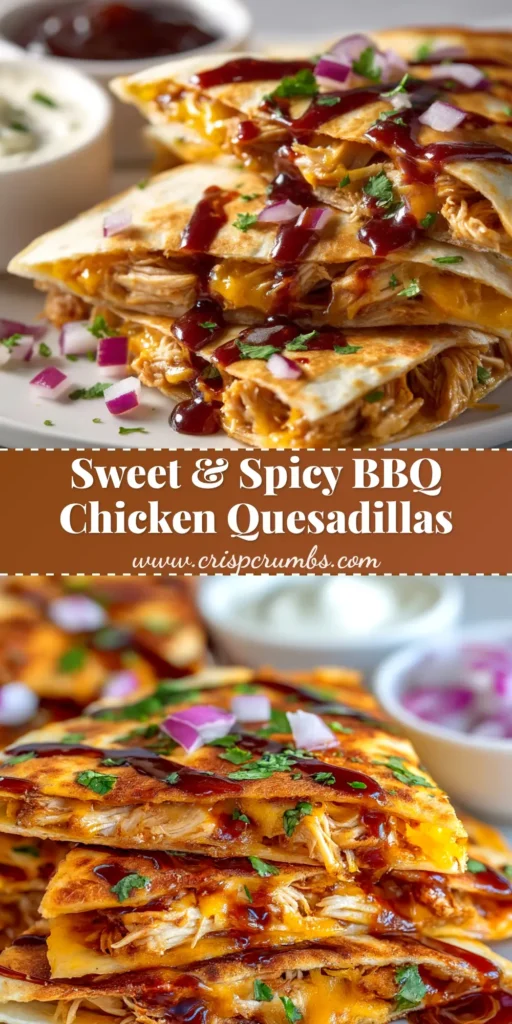 Hot Honey BBQ Chicken Quesadillas: The Ultimate Weeknight Treat 4 A delicious Hot Honey BBQ Chicken Quesadilla cut into wedges on a wooden board, showing the gooey, cheesy chicken filling inside. Garnished with fresh cilantro.