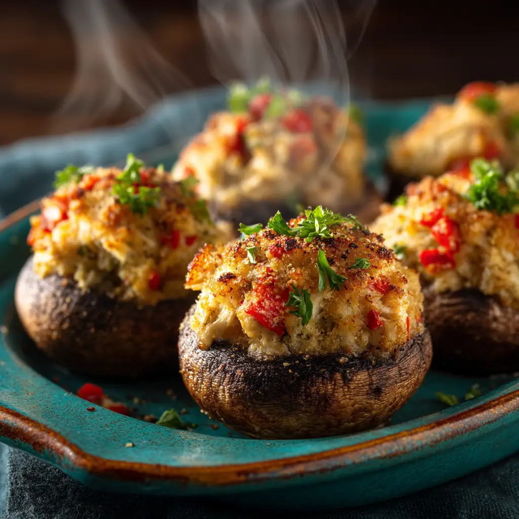 A side view of several crab-stuffed mushrooms on a baking sheet before they go into the oven, showing the generous mounds of savory filling.