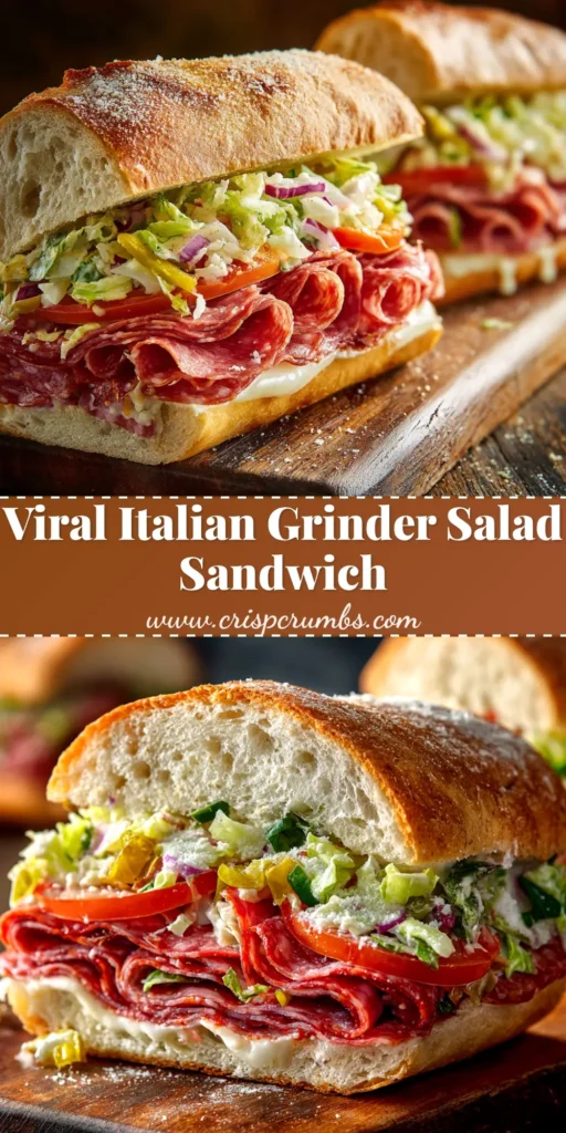 A delicious Italian Grinder Sandwich cut in half, showcasing layers of deli meats, cheese, and a creamy grinder salad on a wooden board.