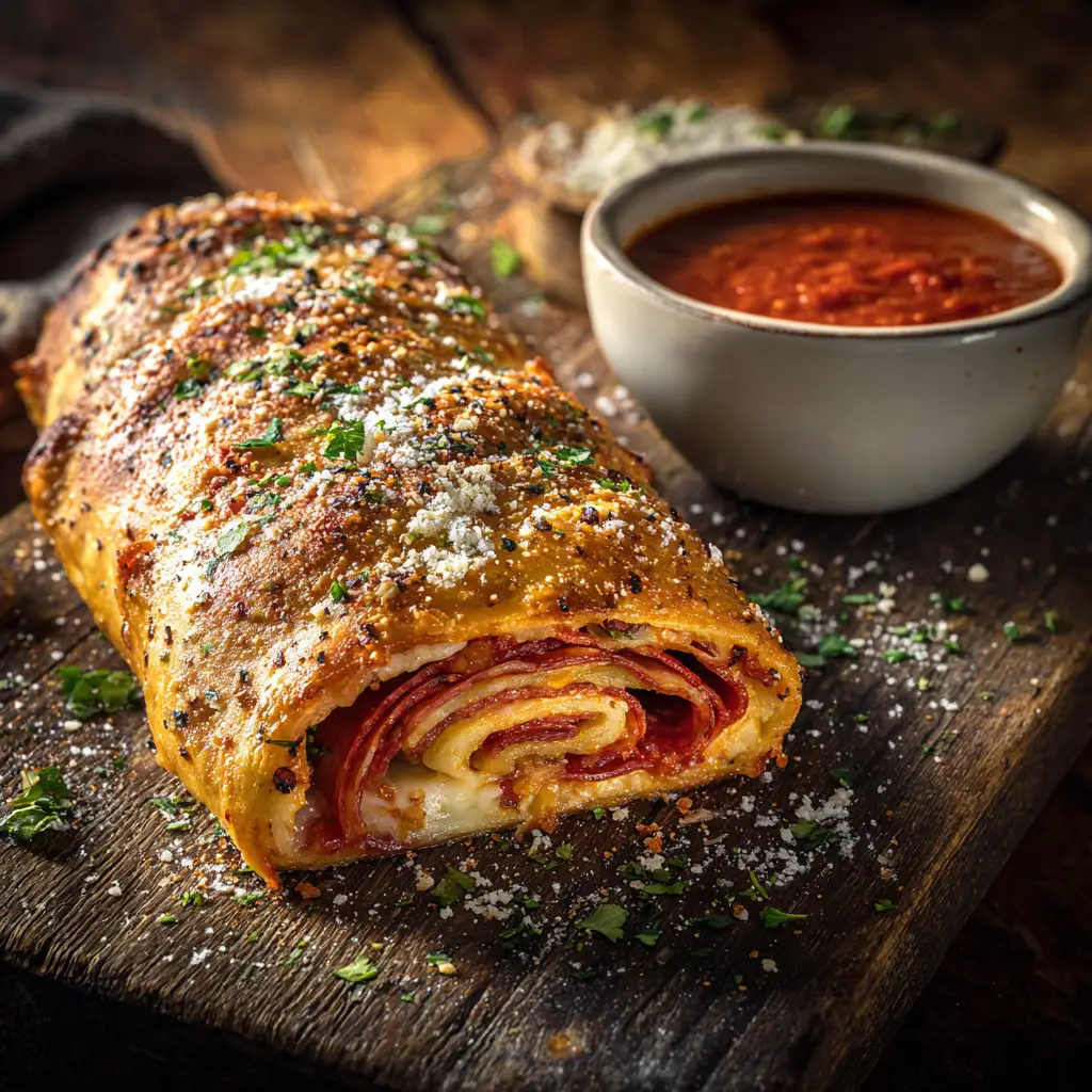 A close-up shot of a slice of Italian stromboli, revealing the melted mozzarella cheese, pepperoni, and ham layers. A perfect example of stromboli fillings.