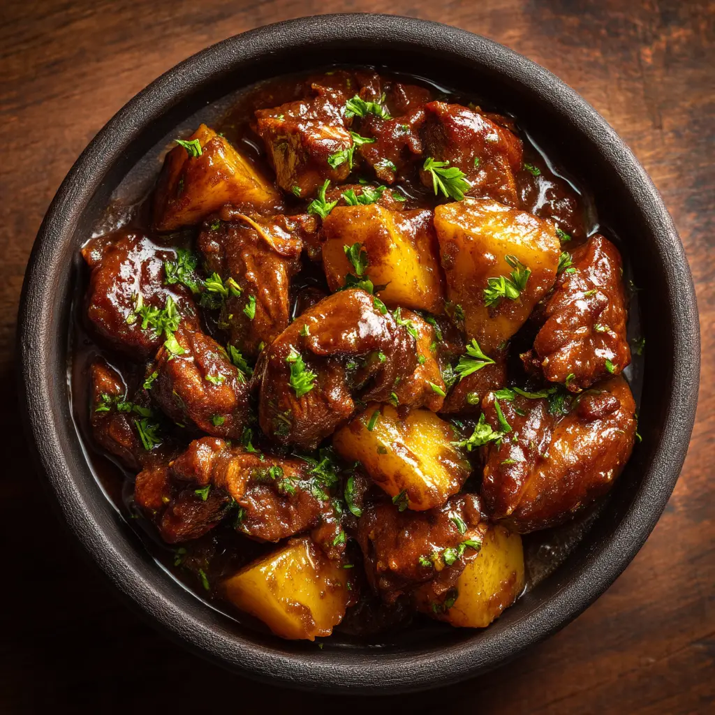 Jamaican Brown Stew Chicken (The Only Recipe You'll Ever Need) 1 A close-up of a single serving of Jamaican Brown Stew Chicken on a plate with rice and peas, showcasing the tender texture of the meat and the glossy gravy. Illustrates what to serve with the dish.
