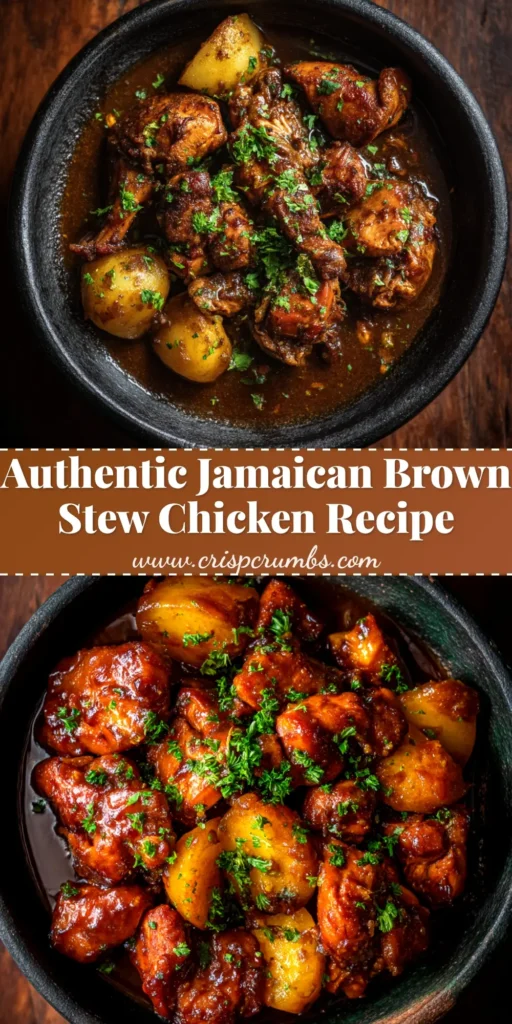 Jamaican Brown Stew Chicken (The Only Recipe You'll Ever Need) 3 A large platter of authentic Jamaican Brown Stew Chicken, with tender chicken pieces coated in a rich, dark gravy and garnished with fresh herbs. The perfect recipe for a comforting Caribbean meal.