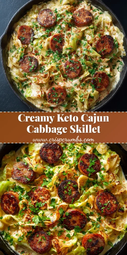 An overhead shot of a cast iron Keto Sausage and Cabbage Skillet, with perfectly browned sausage and tender cabbage, ready to be served. A delicious one-pan keto meal.