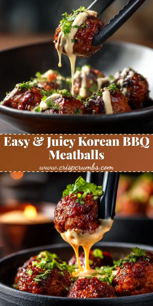A sharable pin image of Korean BBQ Meatballs in a white bowl, garnished with sesame seeds and green onions, with text overlay for Pinterest.