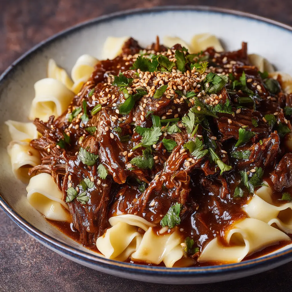 A bowl of flavorful Asian noodle dish with beef, showing the final plated Slow Cooker Korean Beef Noodles ready to eat.