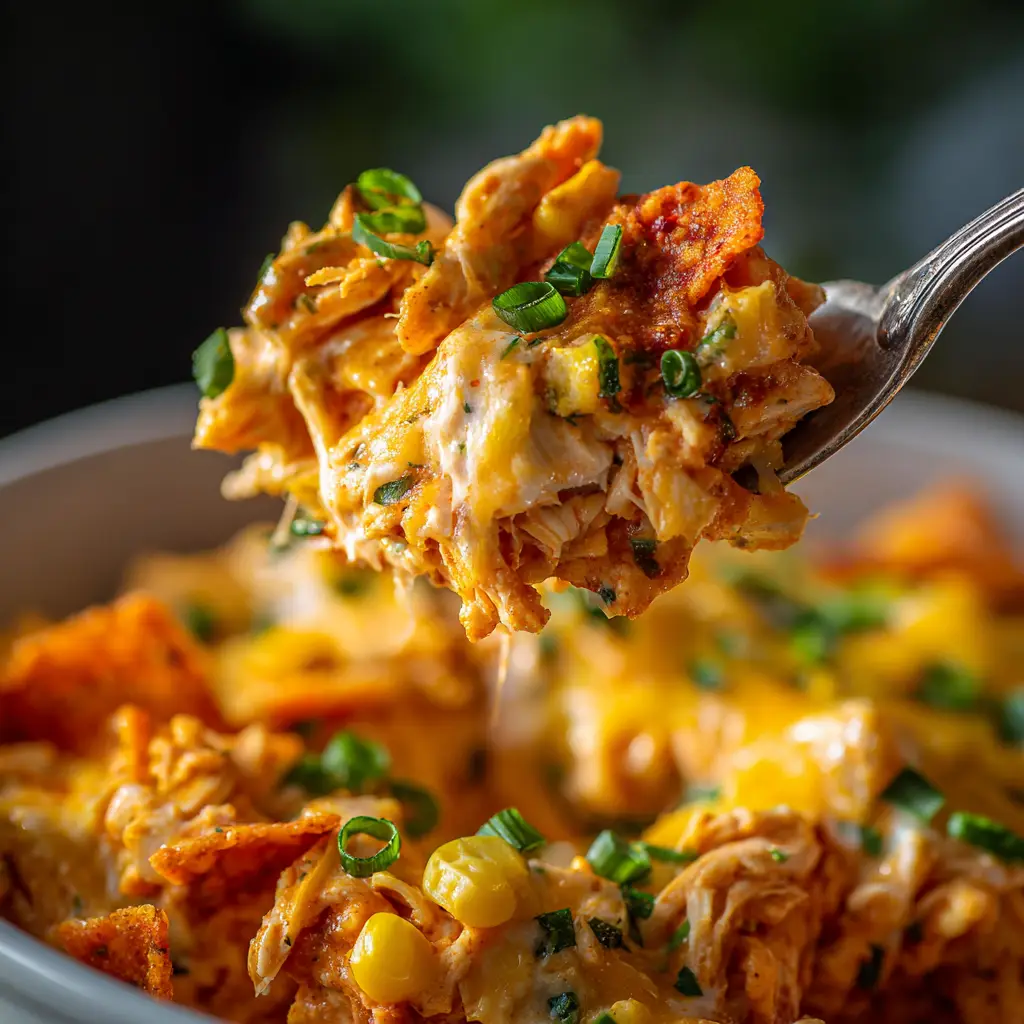 The fully assembled layered Dorito casserole in a baking dish before it goes into the oven.