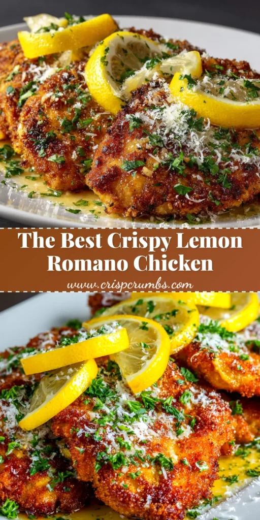 A top-down view of Lemon Chicken Romano served on a white plate, garnished with fresh parsley and lemon slices. The crispy chicken is coated in a golden-brown Romano cheese crust.