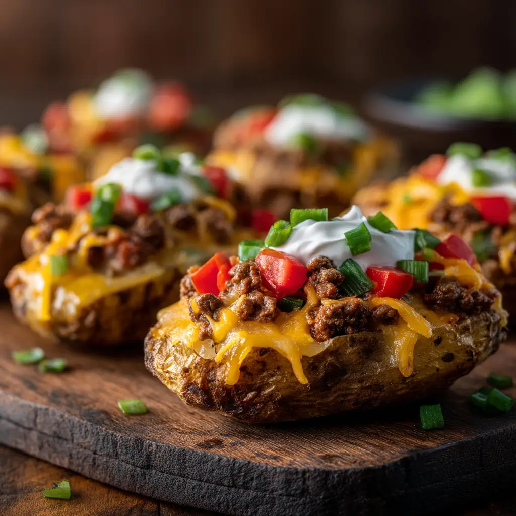Taco Loaded Baked Potatoes: The Ultimate Weeknight Dinner 1 Several taco loaded baked potatoes arranged on a wooden board, showcasing various toppings like salsa, jalapeños, and fresh cilantro, illustrating the customizability of the recipe.
