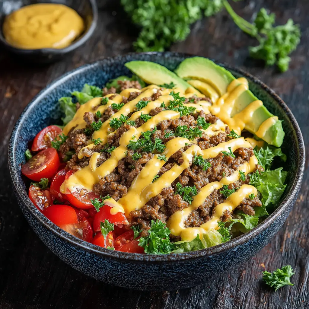 High-Protein Cheeseburger Bowls (Easy & Healthy Recipe) 1 A detailed shot of the components of a low-carb burger bowl, including seasoned ground beef, chopped lettuce, and diced pickles.