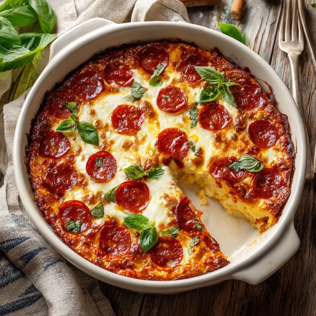 Cottage Cheese Pizza Bake (The Ultimate High-Protein, Low-Carb Recipe!) 1 A close-up shot of a spoonful of the crustless pizza bake, showing the creamy texture of the cottage cheese base and melted cheese.