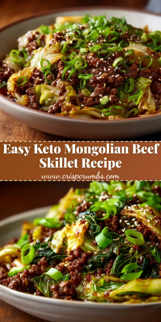 Low-Carb Mongolian Ground Beef (Ready in 20 Minutes!) 4 A delicious bowl of Low-Carb Mongolian Ground Beef, a quick 20-minute keto dinner idea. This easy ground beef stir-fry is coated in a savory, sugar-free Mongolian sauce and garnished with green onions. | CrispCrumbs.com