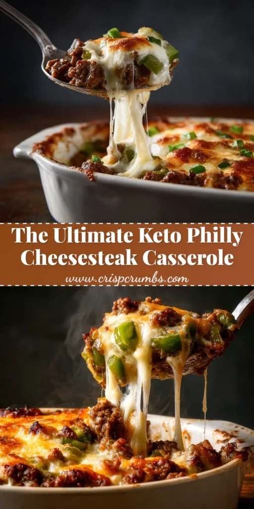 Low Carb Philly Cheesesteak Casserole (The BEST Keto Recipe!) 4 A top-down view of a delicious Low Carb Philly Cheesesteak Casserole in a baking dish, with melted provolone cheese and visible pieces of steak, peppers, and onions.