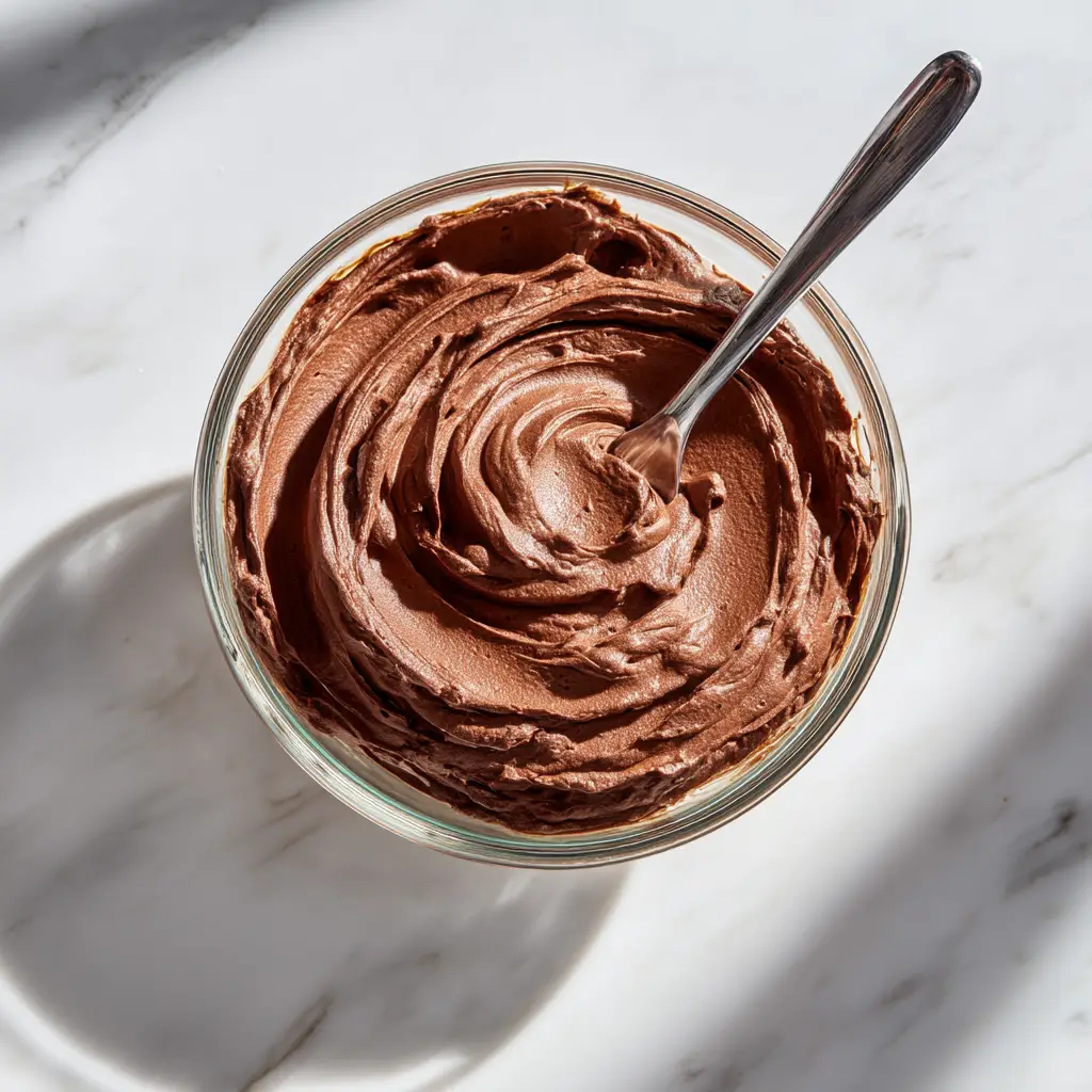 A close-up action shot of a spatula gently folding whipped cream into melted chocolate to create a light and airy mousse filling.