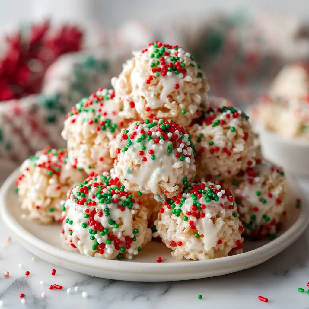 A batch of Christmas cereal treats being pressed into a baking pan before cooling, with holiday sprinkles scattered on top.