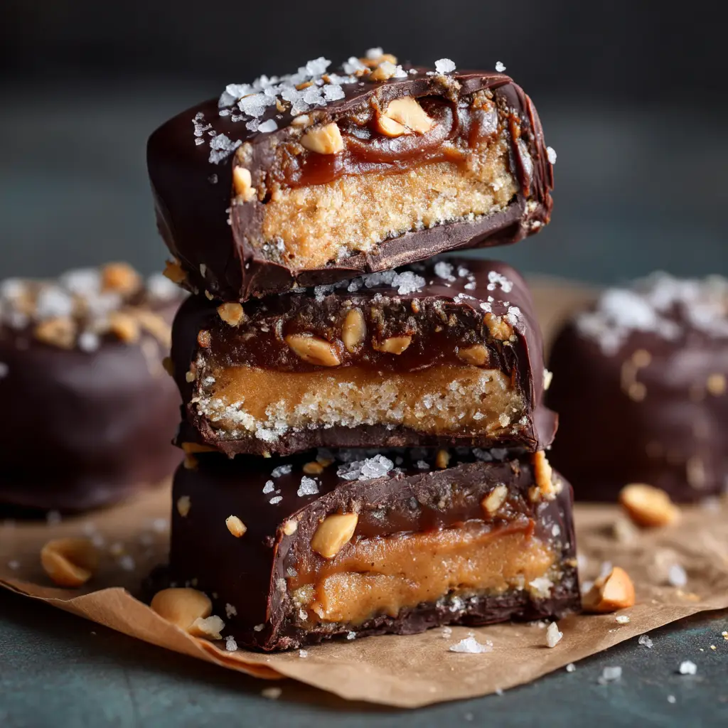 Date Snickers Recipe (The Viral Healthy Treat) 1 A batch of freshly made Date Snickers on parchment paper, sprinkled with flaky sea salt before chilling.