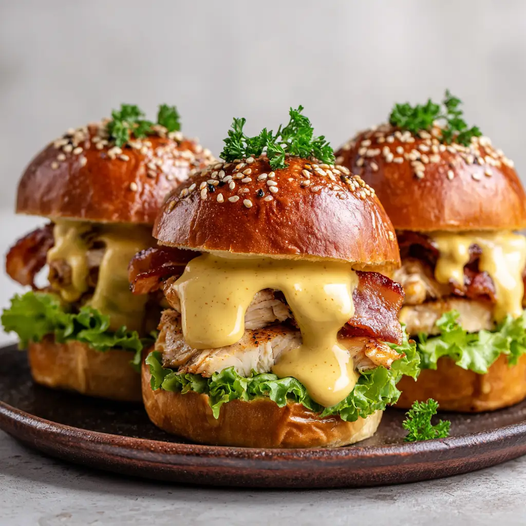 Honey Mustard Chicken Sliders: The Ultimate Party Food 1 The process of assembling baked chicken sliders, with the honey mustard chicken mixture being spread on the bottom half of the Hawaiian rolls.