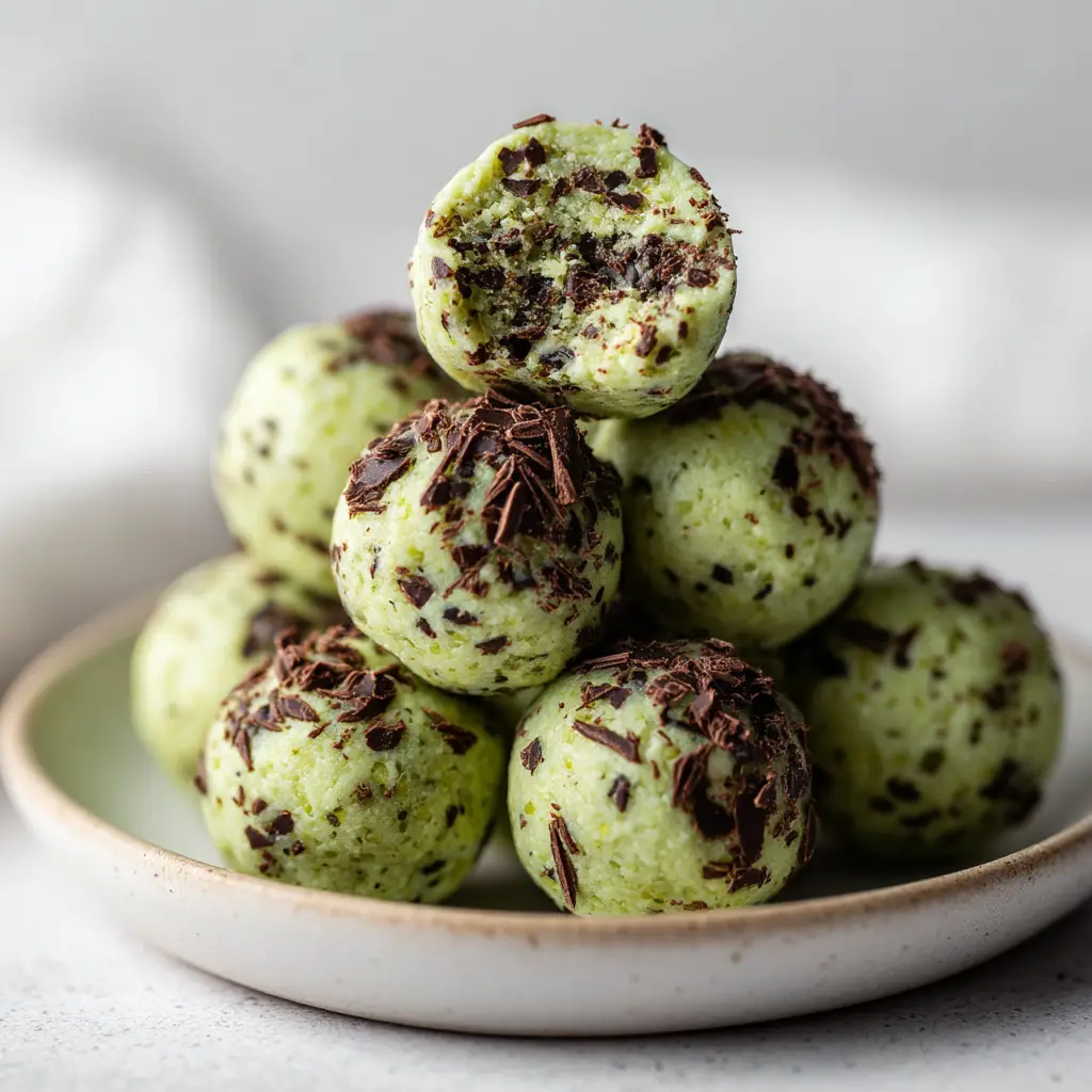 Mint Chocolate Chip Protein Balls (Easy & Healthy) 1 The process of rolling the mint chocolate chip protein ball dough, showing the simple, no-bake preparation.