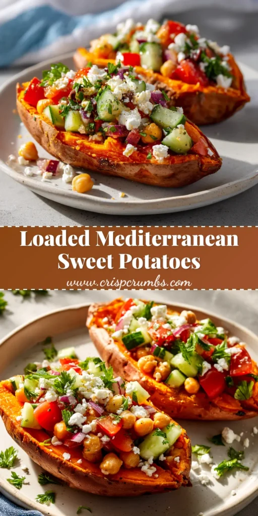 A vibrant overhead shot of Mediterranean stuffed sweet potatoes, overflowing with chickpeas, feta, and fresh herbs, with a creamy tahini drizzle.