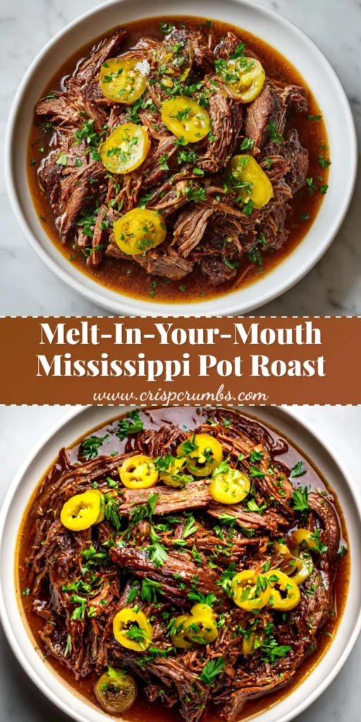 Mississippi Pot Roast (The Easiest, Most Flavorful Pot Roast Ever) 3 A delicious and tender Mississippi Pot Roast shredded in a slow cooker with rich gravy and pepperoncini peppers. The ultimate easy crockpot dinner recipe.