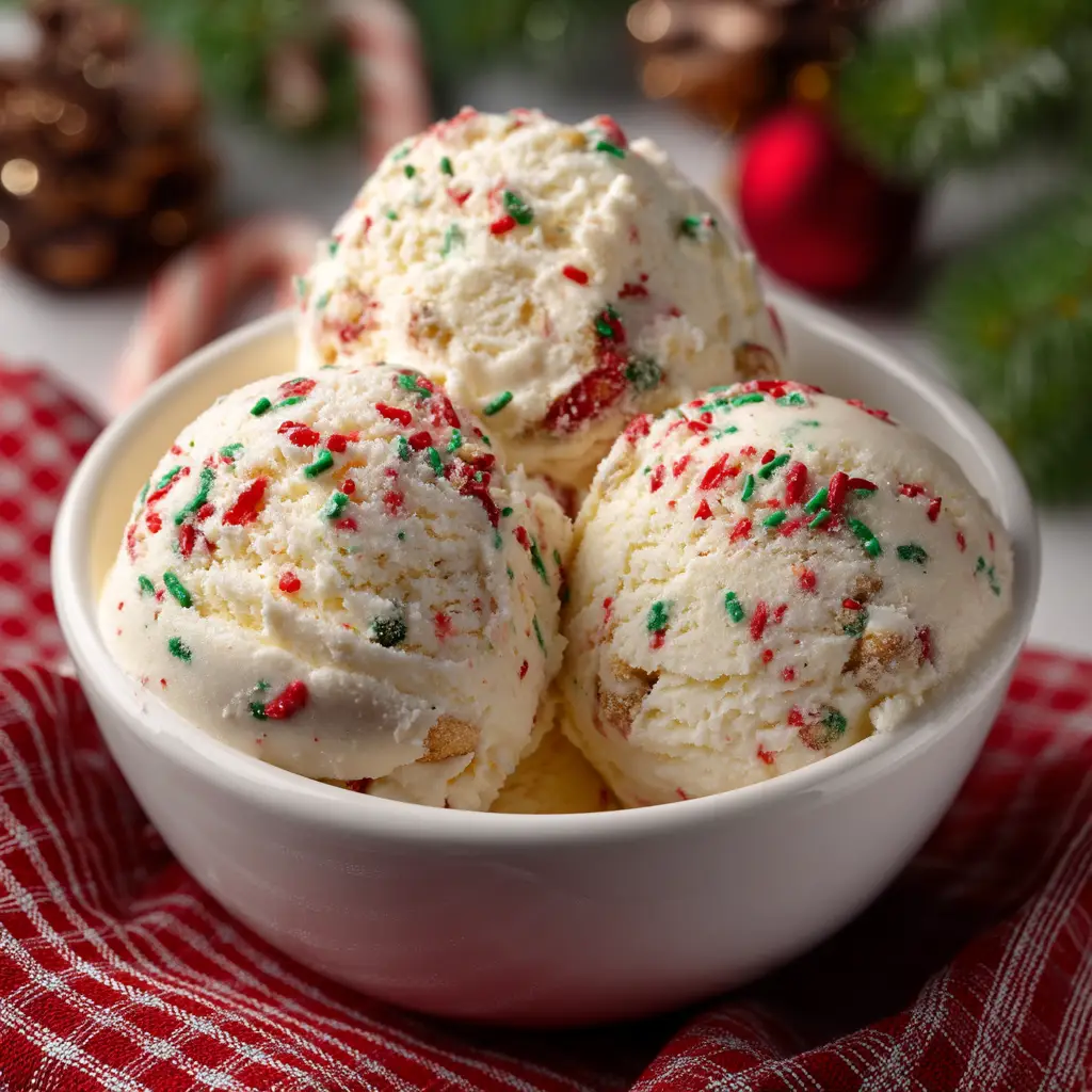 Christmas Cookie Ice Cream (Easy No-Churn Recipe!) 1 The creamy base of the Christmas cookie ice cream being folded together in a mixing bowl with cookie chunks.