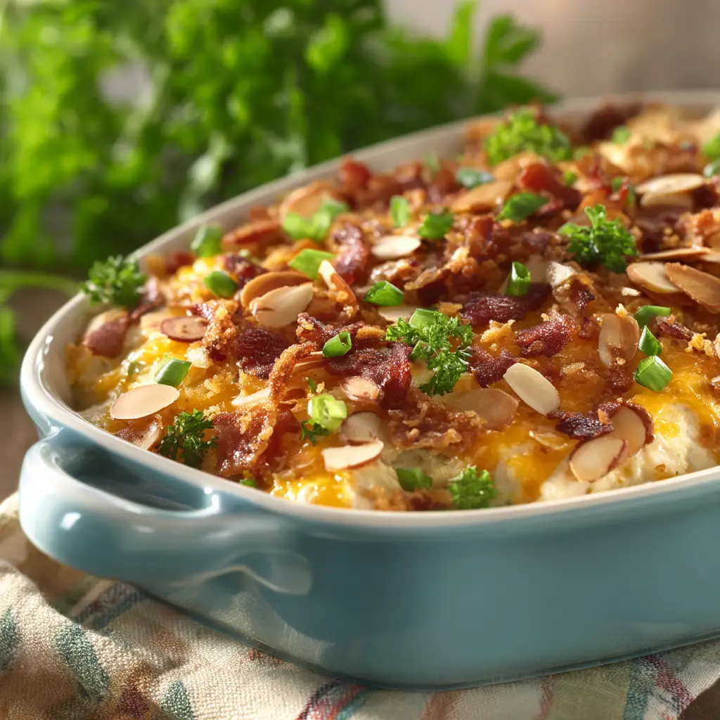 Neiman Marcus Chicken Casserole (The Original Recipe) 1 A single serving of Neiman Marcus Chicken Casserole on a white plate, garnished with fresh parsley.