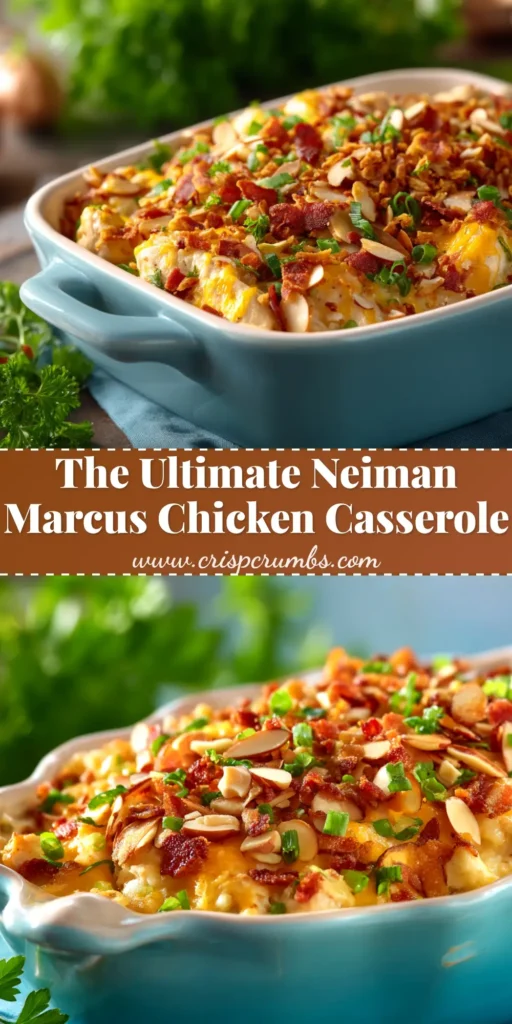 Neiman Marcus Chicken Casserole (The Original Recipe) 4 A close-up shot of the finished Neiman Marcus Chicken Casserole in a baking dish, showing the golden-brown cheesy and almond topping.
