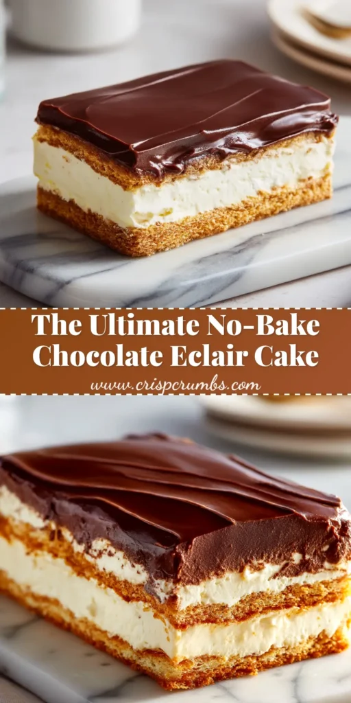 A top-down view of a delicious No-Bake Chocolate Eclair Cake in a glass baking dish, showing the rich chocolate frosting top. Text overlay reads 'The Easiest No-Bake Chocolate Eclair Cake'.