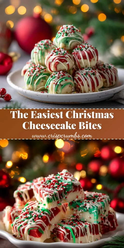 A platter of No-Bake Christmas Cheesecake Bites decorated with white chocolate, crushed peppermint, and festive sprinkles.