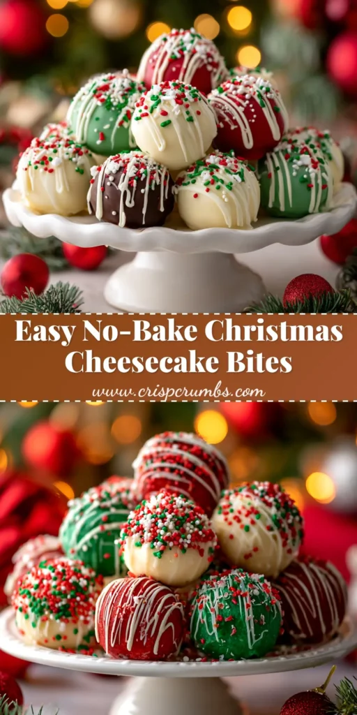 No-Bake Christmas Cheesecake Bites (Easy Holiday Treat!) 3 A pile of No-Bake Christmas Cheesecake Bites with festive red and green sprinkles on a white serving platter. The perfect easy holiday dessert recipe.