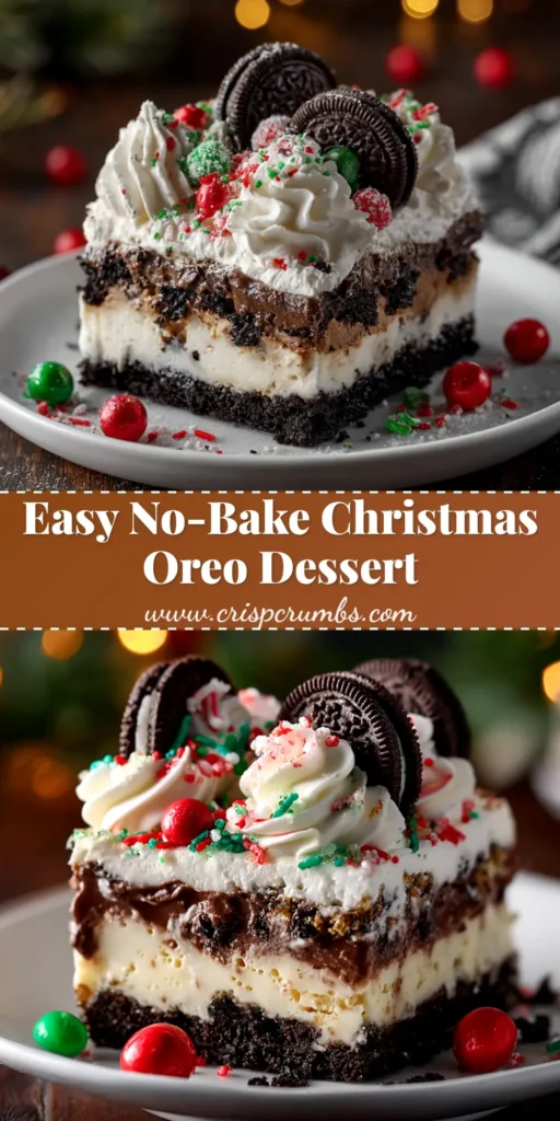 A large pan of No-Bake Christmas Oreo Lasagna, decorated with festive red and green sprinkles, with one perfect square slice removed.