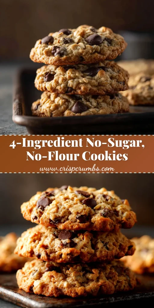 No Sugar No Flour Cookies (That Actually Taste Good!) 4 A close-up of delicious no sugar no flour cookies stacked on a plate. The cookies are golden brown, chewy, and made with oats and chocolate chips.