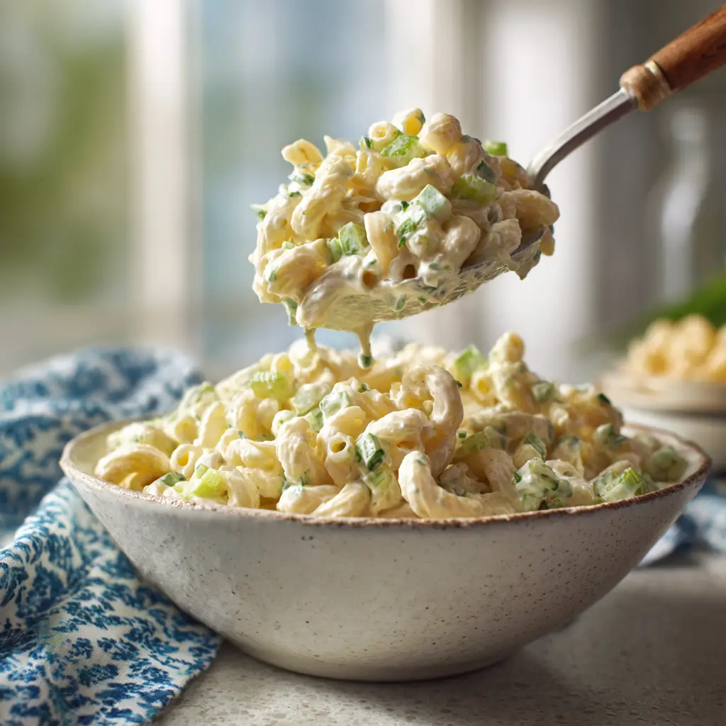 Macaroni Salad Recipe: The Ultimate Creamy & Classic Dish 1 A large serving bowl of old-fashioned macaroni salad on a picnic table, ready to be served at a potluck.