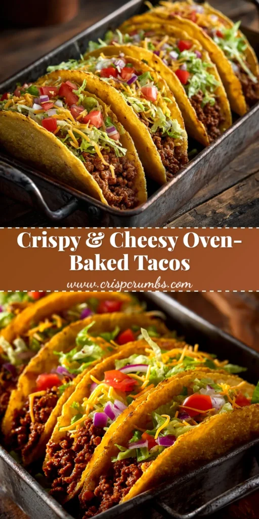Oven-Baked Tacos (The Crispiest, Easiest Recipe!) 3 A close-up shot of crispy oven-baked tacos filled with ground beef, melted cheese, and fresh toppings. The ultimate easy weeknight dinner recipe.