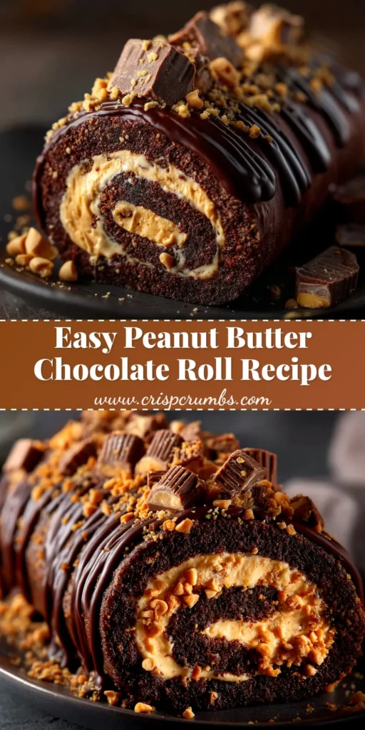 Peanut Butter Cup Chocolate Roll (The Ultimate No-Fail Recipe) 3 A perfect slice of Peanut Butter Cup Chocolate Roll on a white plate, showing a beautiful swirl of chocolate cake and peanut butter filling, topped with rich chocolate ganache.